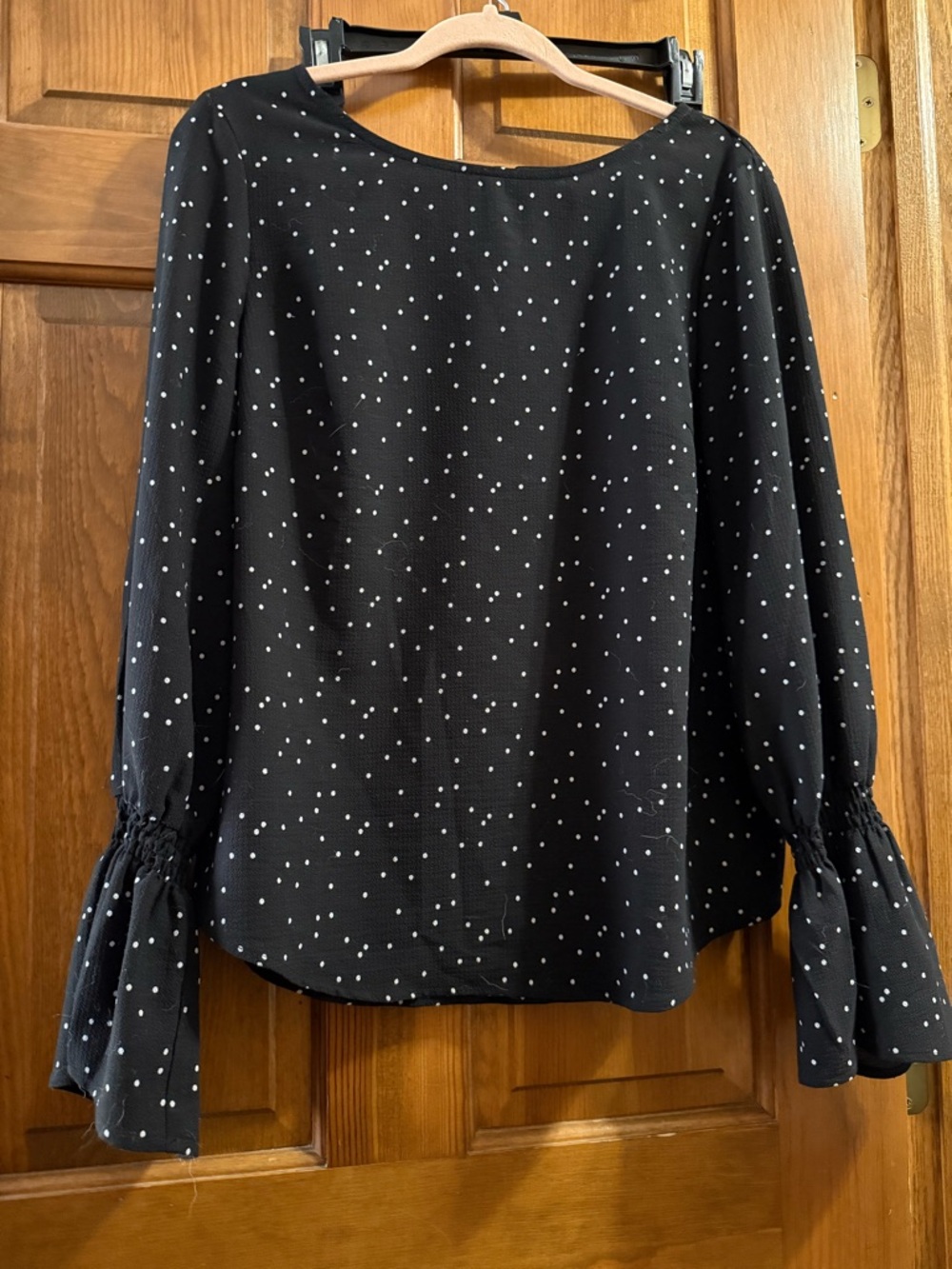 White House Black Market Black w/Polka Dot Long-Sleeve Blouse with Ruffled Cuffs